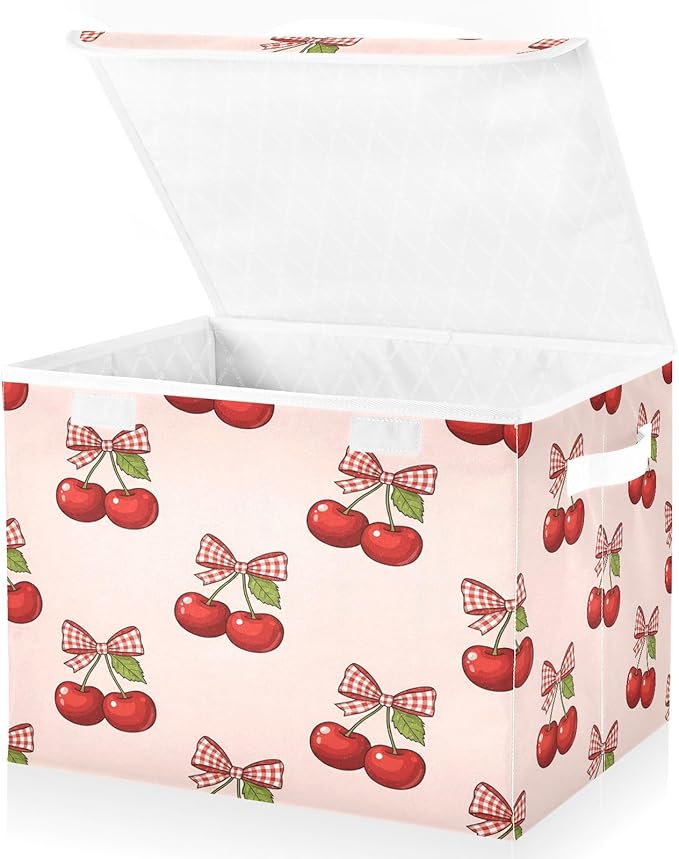 Cherry Bows Pattern Storage Bins with Lids Foldable Storage Basket with Handles Collapsible Large Fabric Organizer Containers for Clothes Shelves Closet Office Home