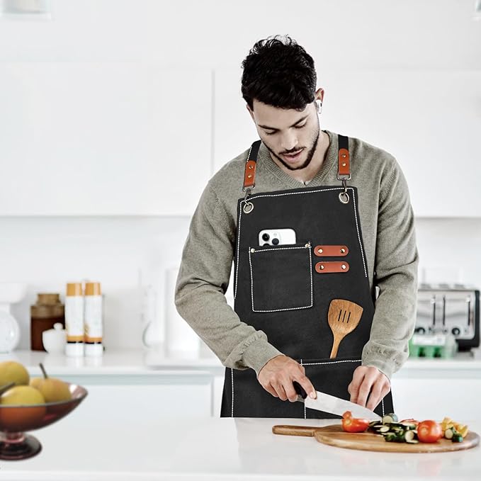 Cross-Back Chef Aprons for Men Women with Pockets,Cotton Canvas Adjustable Cooking Work Apron for Kitchen