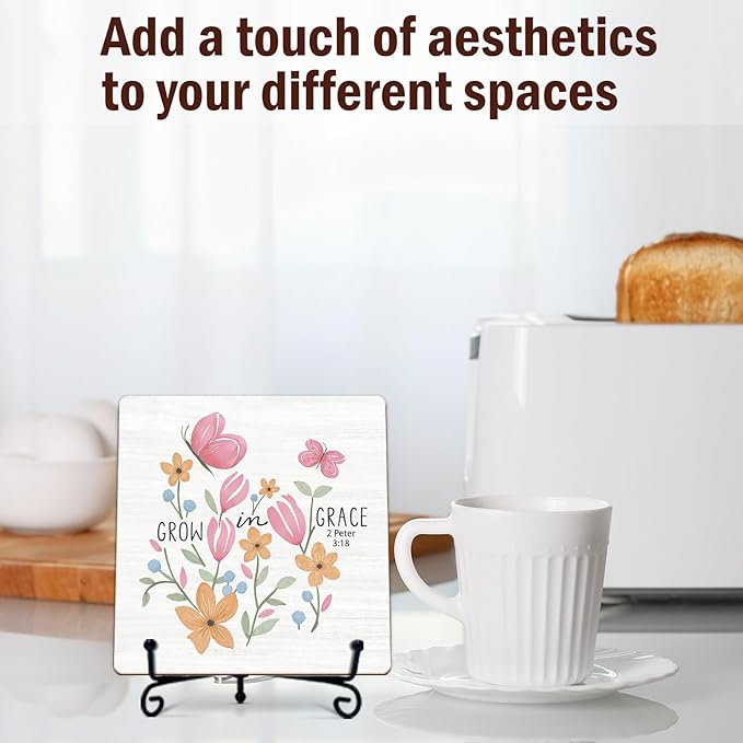 Religious Gifts for Women, 5 Inch Wildflower Bible Verse Decor, Inspirational Wooden Plaques for Home Office Sign, Grow In Grace Sign - A14