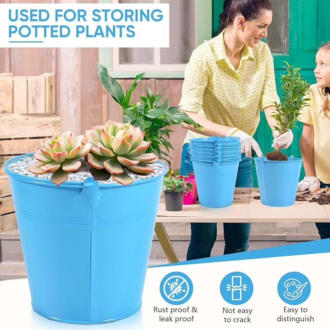 OBTANIM 7 Pack Blue Metal Buckets with Handle Galvanized Ice Pails for Plants, Succulents, Party Favors Organizing, Rustic Home Decor or Classrooms Pencil Storage (7.1 x 5.2 inch)
