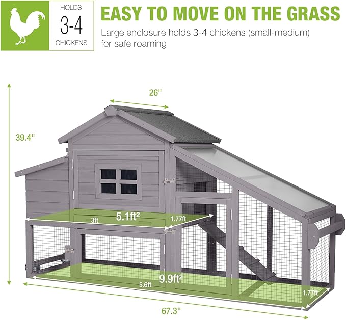 GUTINNEEN Chicken Coop Mobile Hen House Wooden with Run Poultry Cage with Nesting Box,Movable