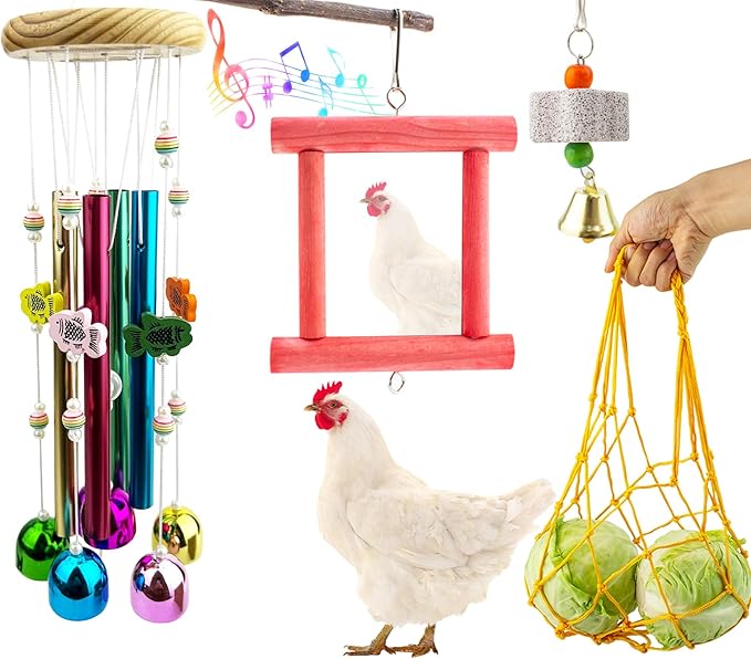 FlidRunest 4PCS Chicken Coop Toys Set, Hanging Chicken Wind Chime, Vegetable String Bag, Coop Mirror Toy and Beak Grinding Calcium Stone, Musical Enrichment Accessories for Hens Poultry Chick