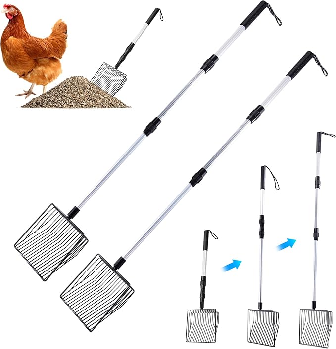 2 Pack Chicken Poop Scooper, 3 in 1 Stretchable Chicken Coop Accessories (22.4 to 41.9 Inch), Metal Sifting Shovel for Chicken Coop Cleaning Tools Separating Poo and Debris from Sand