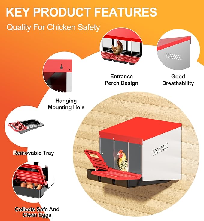 Chicken Nesting Boxes, Metal Chicken Egg Laying Box with Swing Perch and Rollout Egg Collection for Chicken Coop Red 3 Compartments