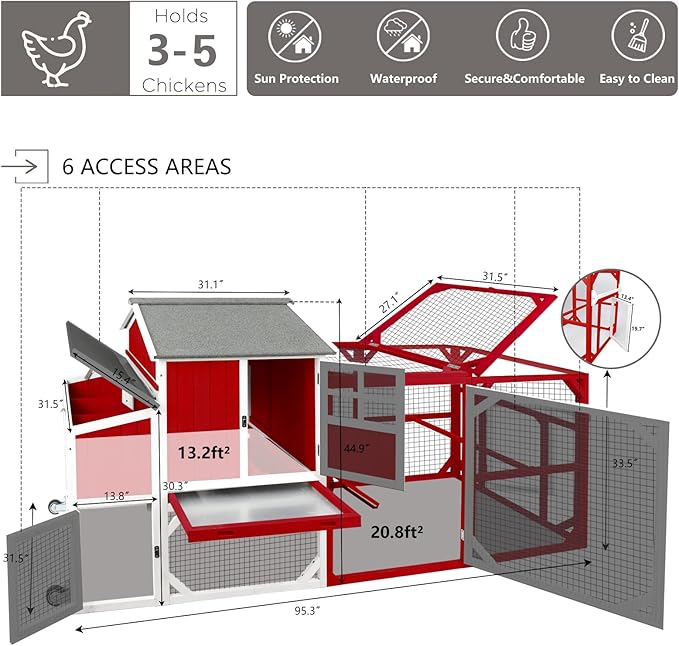 Chicken Coop Mobile Wooden Hen House with Nesting Box,191" L Outdoor Chicken House with Wheels and Removable Tray,Fir Wood Chicken Tractor with 6 Ventilation Door,Ramp,Red(2 Sets)