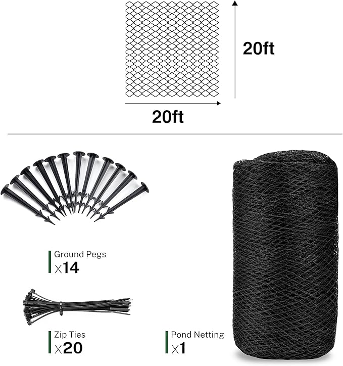 20 x 20Ft Pond Netting for Koi Ponds, Koi Pond Net Cover, Durable & Sturdy Pond Netting Cover for Leaves, Protect Koi Fish Against Herons, Raccoons, Cats & Predators, 14pcs Stakes Included