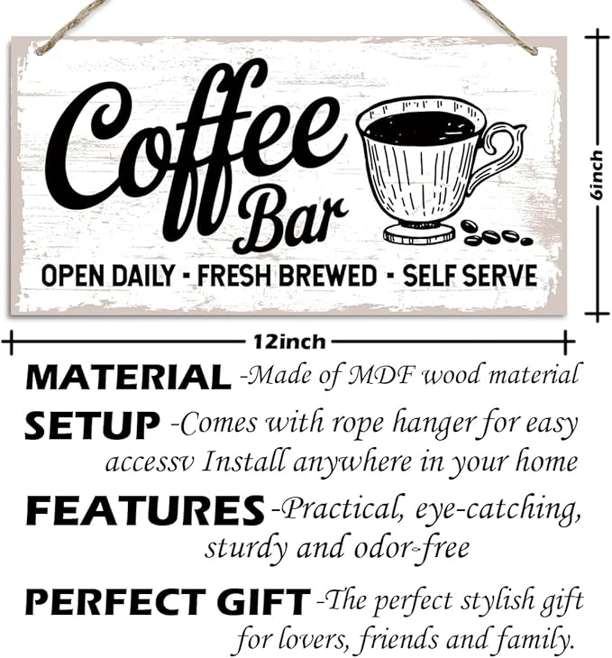 Coffee Bar Decor Sign, Fresh Brewed Coffee Bar Open Daily Self Serve, Hanging Decors for Kitchen Wall, Vintage Kitchen Decor, Cafe Decoration with Rope Hanging 12 x 6 Inches
