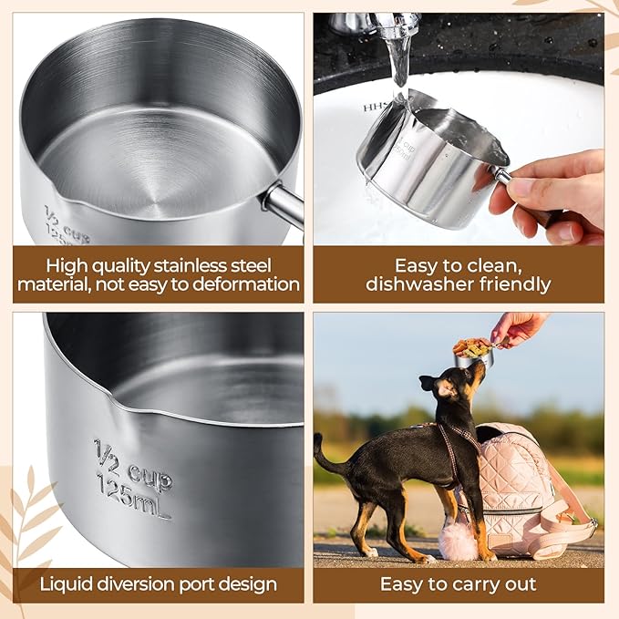3 Pcs Dog Food Scoop 1 Cup, 1/2 Cup, 1/4 Cup Stainless Steel Pet Food Scoop Measuring Cup with short Handle for Dog Cat Rabbit Food Feeding Kitchen Gadget Utensil