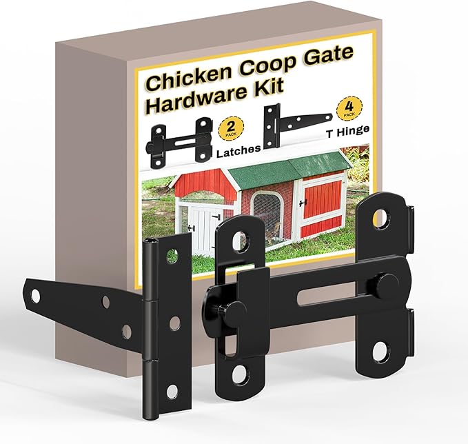 Chicken Coop Gate Hardware Kit,3 inch T-Strap Shed Hinges and 4 inch Door Latches,Heavy Duty Gate Hinge and Latch Sets for Chicken Coop Accessories Replacement,Door Repair and DIY
