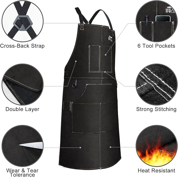 ARCCAPTAIN Leather Welding Work Apron 24" X 36" Heat Flame Resistant Cowhide Blacksmith Aprons with 6 Tool Pockets for Welders Men Women, Adjustable M to XXXL-Black