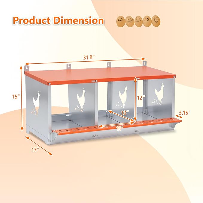 Chicken Nesting Box, 3 Compartment Wall Mount Metal Chickens Laying Boxes for Hens, Ducks, Roll-Out Egg Collection for Chicken Coop, Backyard, Farms, Orange
