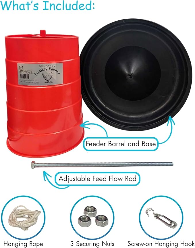 30 lb Poultry Feeder with Adjustable Flow Control, Anti-Scratch Lip to Reduce Waste, Metal Hanging Rod - Large Capacity Chicken Feeder for Backyard Flocks, Weather-Resistant