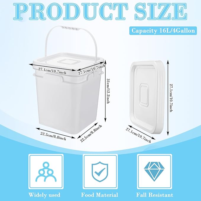 Hushee 12 Pack 4 Gallon Square Bucket White Food Grade Bucket with Handles and Lid Square Plastic Heavy Duty Container Storage Food Storage Pail for Packaging Sealing Dry Camping Fishing