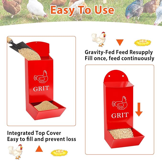 2Pack Chicken Grit Feeder, Metal Oyster Shell Feeder with Lid, Hanging Gravity Chicken Poultry Feeders Trough, Coop Accessories Supplies