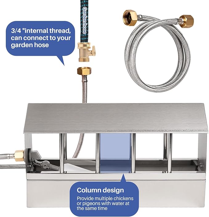 Automatic Chicken Waterer Stainless Steel Large Metal Chicken Waterer System Poultry Waterer Dispenser with Float Valve Kit Hose Accessories for Pigeon, Duck, Goose