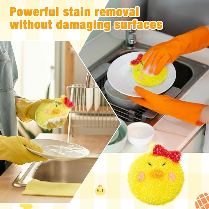 Breling 6 Pieces Chick Shape Dish Sponge Dual Sided Non Scratch Dish Washing Scrubbers, Reusable Household Cleaning Kitchen Tools for Dishwashing Washing Dishes Cookware