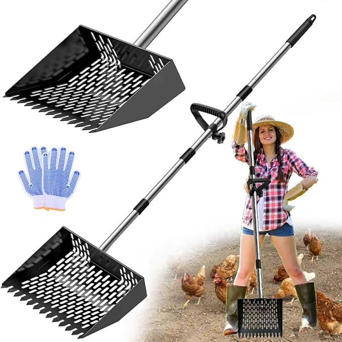DEMARRE Chicken Poop Scooper & Rake 2-in-1, Metal Chicken Scoop with 35 to 65" Adjustable Stainless Steel Handle, Litter Scooper Sand Sifting Shovel Chicken Coops/Animals House