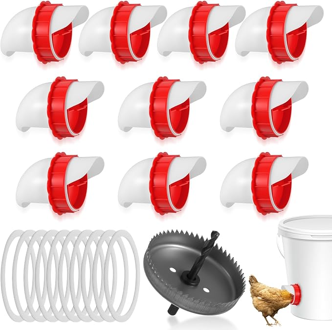 10Pcs DIY Chicken Feeders No Waste, Poultry Feeder with 10 Covers 1 Hole Saw, Waterproof Automatic Gravity Chicken Feeder Kits, Waterer Food Dispenser Set for Buckets Troughs