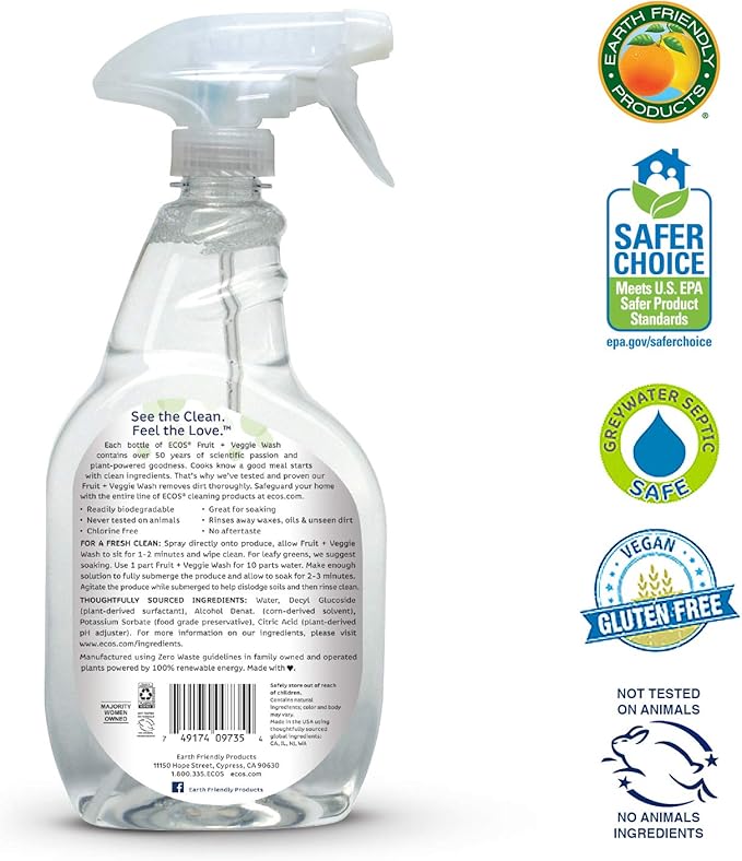 ECOS® Non-Toxic Fruit + Veggie Wash: 22oz Spray Bottle by Earth Friendly Products (Pack of 2)