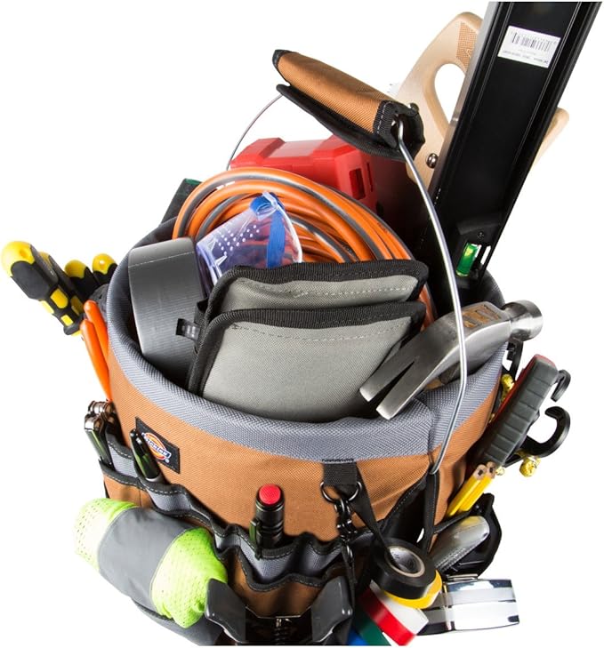Dickies 35-Pocket 5-Gallon Bucket Organizer With Drill Holster, Padded Handle, and Tape Tether, for Contractors and Painters