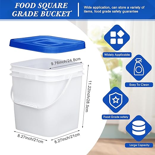 Mumufy 5 Pcs 3.5 Gallon Square Food Grade Bucket with Lid Square Bucket Pail Plastic Handles for Long Term Food Storage, Camping, Fishing, Home Organization Easy Stack and Store (Blue Lid)