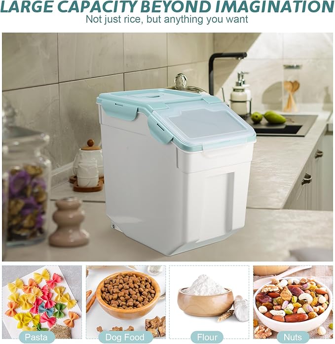 Sunnyray 4 Pcs 55 lbs Grain Rice Storage Container Flour Bin with Wheels Cup Leak Proof Pet Food Storage Boxes Seal Locking Lid Plastic Rice Containers Set for Cereal Flour Cat Dog Food (Blue)