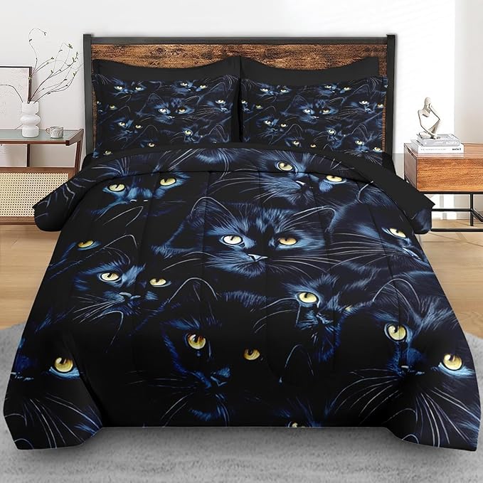 Comforter Set Queen Size, Cat Blue Magic 7 Pcs Bedding for Kids and Adults, Black Cute Bed Sheet Sets with Fitted Sheet 2 Pillowcases & 2 Shams for Bedroom Bed Decor