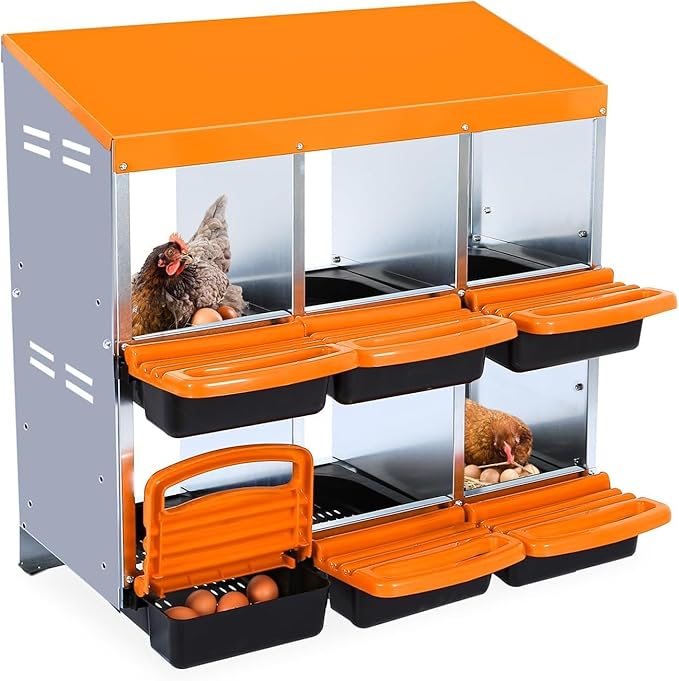 Chicken Nesting Box, 6 Hole 2 Layer Hen Nest Boxes, Roll-Away Egg Collection System with Ventilation Holes，Rustproof Plastic Tray & Keyhole Mounting, Chicken Laying Box