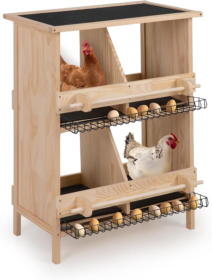 COZIWOW Nesting Boxes for Chickens 2-Tire,Roll-Away Egg Collection-with Wire Mesh and Insulation Pads, Waterproof Wooden Chicken Nesting Boxes with Perches for Hens,Ducks,Poultry,Birds,Doves
