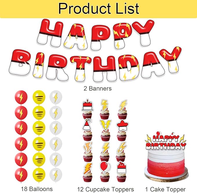 Cartoon Birthday Decorations Red White Yellow Happy Birthday Banner Balloons Cake Cupcake Topper for Anime Theme Party Decor Supplies