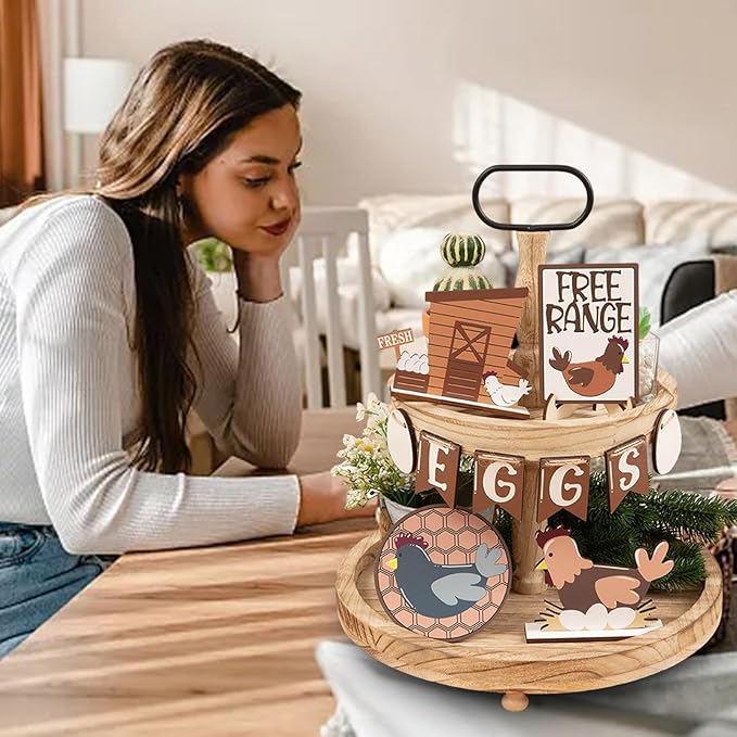 13 PCS Tiered Tray Decor Set for All Seasons-Farm Chicken Rustic Wooden Tiered Tray Sign，Hen Eggs Chik Decorative for Home Kitchen Table Shelf Bar