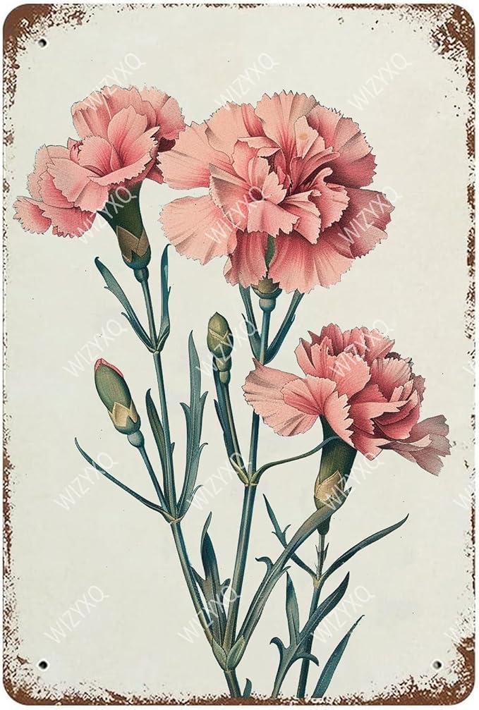 Flowers Metal Signs Carnation Sign Vintage Tin Sign Retro Wall Art Decor for Living Room Bedroom Garden Yard Shop Bar 8×12 Inches