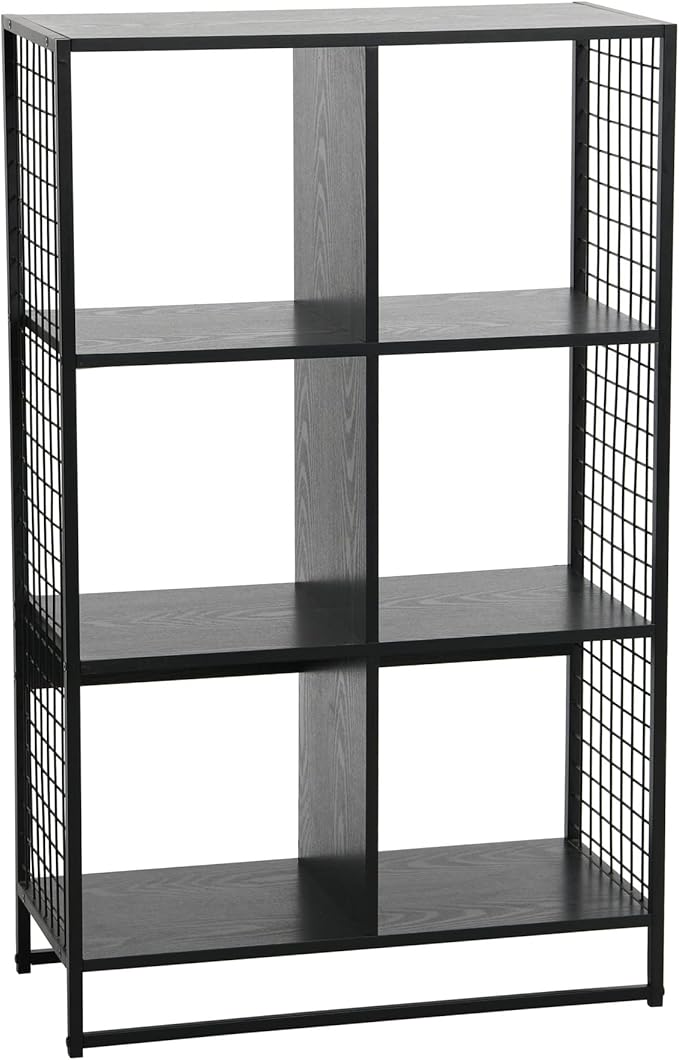 Household Essentials Trellis Open Storage Bookshelf with 6 Cube Compartments Black Oak Wood Grain and Black Metal