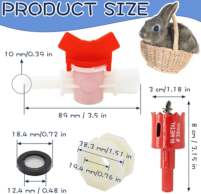 Rabbit Watering System Bucket Connector kit for ID 3/8’’ Hose with Barb Ball Valve, Bulkhead Fitting, Mesh Washer, Hole Saw, Poultry-Watering-Equipment, Animal Water Dispenser