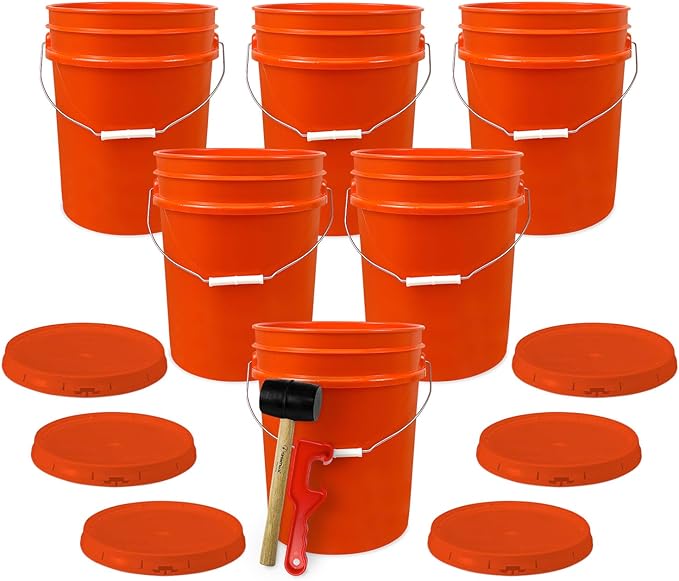 ePackageSupply 5 Gallon Plastic Bucket with Airtight Lid | Made in USA | Food Grade Bucket | BPA-Free | Heavy Duty 90 Mil All Purpose Pail | One 12" Rubber Mallet & One Lid Opener Included | 6 Pack