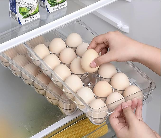 Egg Holder for fridge with Lid, Clear Plastic Egg Storage Container Refrigerator Organizer Bins, Stackable Tray Holds 18 Eggs Trays Storage (1 pack, 18 Eggs)