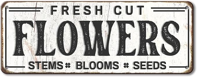 Fresh Cut Flowers Sign, Metal, 6x16 inches, Vintage Farmers Market Art, Flower Shop Wall Decor, Garden Sign