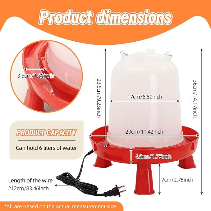 Heated Chicken Waterer 6L Thermostatically Controlled Poultry Water Heater with Overheating Protection, Galvanized Steel Handle Automatic Heated Poultry Drinker for Coop Chickens, Ducks, Geese (Red)