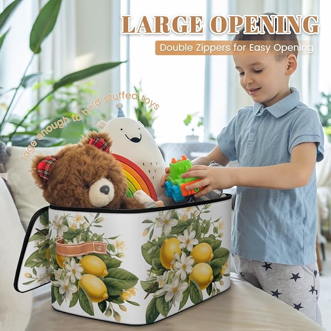 Lemon Fruits Storage Bins with Lids, White Flower Fabric Storage Boxes with Zipper, Collapsible Decorative Closet Organizer Cube for Clothes, Toys, Organizing, Shelves
