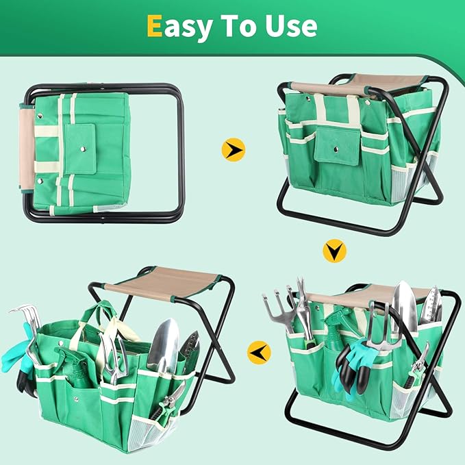 Kitness 9 PCS All-in-One Garden Tools Set, Heavy-Duty Cast-Aluminum Gardening Kit with Folding Stool Seat and Detachable Canvas Tool Bag, Durable Hand Tools Gift Set for Gardening Lovers