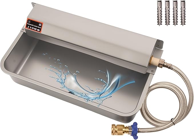 Automatic Dog Water Dispenser with Drain Hole, 304 Stainless Steel Auto Water Dog Bowl with Float Valve, Hose Quick Connect Fitting, Automatic Livestock Waterer for Horse, Chicken (2 Gallon)