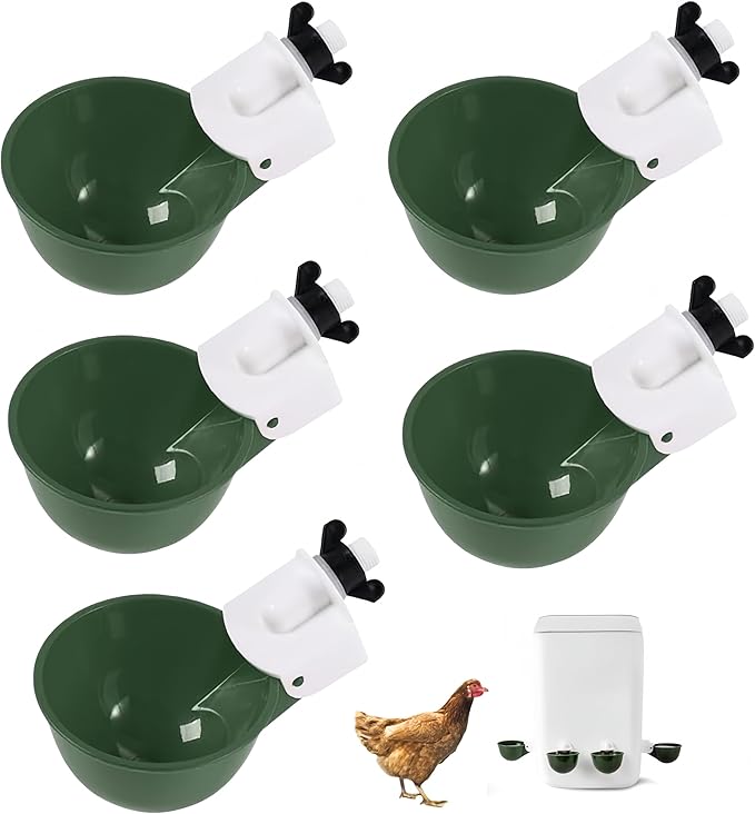 Chicken Waterer Cups 5 Packs,Duck Chick Waterer Chicken Feeder Cups,Automatic Waterer Feeder with Anti-Leak System for Chicken,Duck,Goose,Bunny(Green)