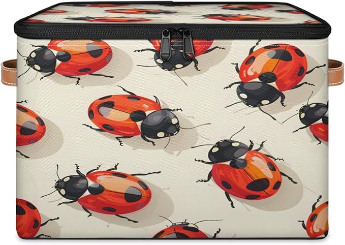 Storage Cubes with Lid Fabric Storage Bins Boxes PU Leather Handles, Cute Ladybird Closet Organizer Container Foldable Washable Shelf Cloth Basket, Red LabyBirds Ladybugs