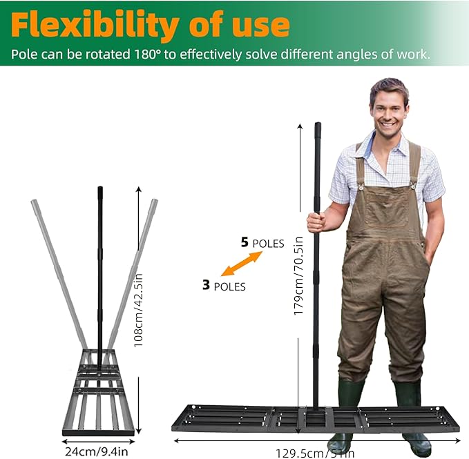 Lawn Leveling rake 51"x9.4" Levelawn Tool with 70.5" Adjustable Long Handle Heavy Duty Landscape Leveling Rake Lawn Leveler Yard Tool for Backyard, Golf Course, Garden, Pasture, Farm