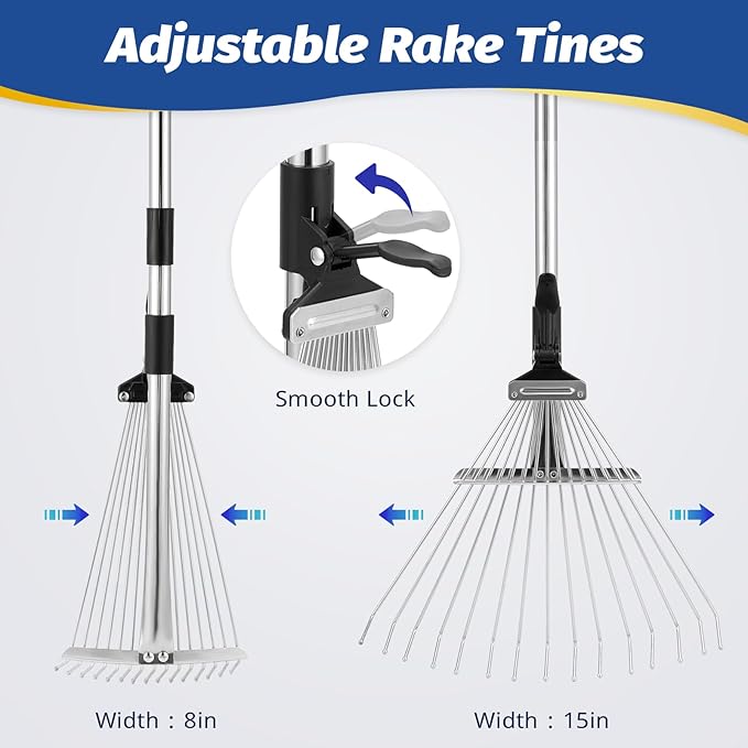 2PC Chicken Coop Scoop & Rake, 10" Heavy Duty Sifting Shovel, 62" Adjustable 3-Length Handle, 15" Manure Rake for Sand, Leaves & Animal Waste