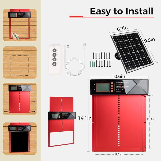 Automatic Chicken Coop Door Solar Powered, 4 Modes Automatic Chicken Door with Timer & Light Sensor, 7W Solar Charging Panel, Waterproof Aluminum Alloy Chicken Door with LED Screen (Red)