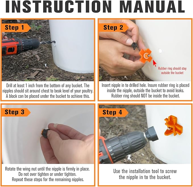 Chicken Waterer Nipples, Pack of 15 (Orange), Horizontal Side Mount, Anti-Leak Automatic Water System for Poultry, Suitable for Chickens, Duck, Quail, Includes Drill Bit & Installation Tool