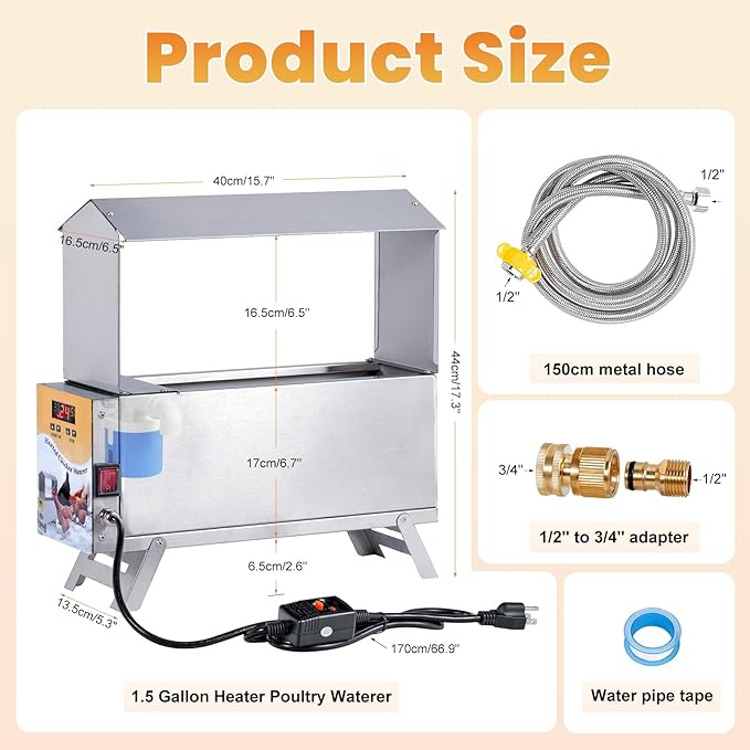 Chicken Waterer Heated 2 Gallon Chicken Water Heater for Winter Stainless Steel Poultry Drinker Heater Anti Freezing Watering Dispenser for Coop, Thermostatically Controlled