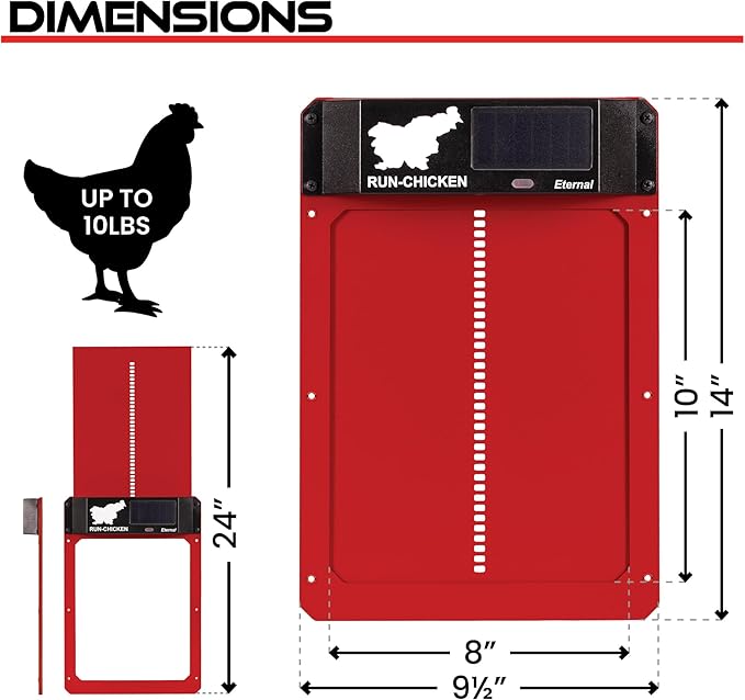 RUN-CHICKEN Door Eternal – Solar Automatic Chicken Coop Door with Built-in Solar Power & Battery Backup, Smart App & Timer Control, Weatherproof Aluminum, Predator-Proof, Easy to Install (Red)