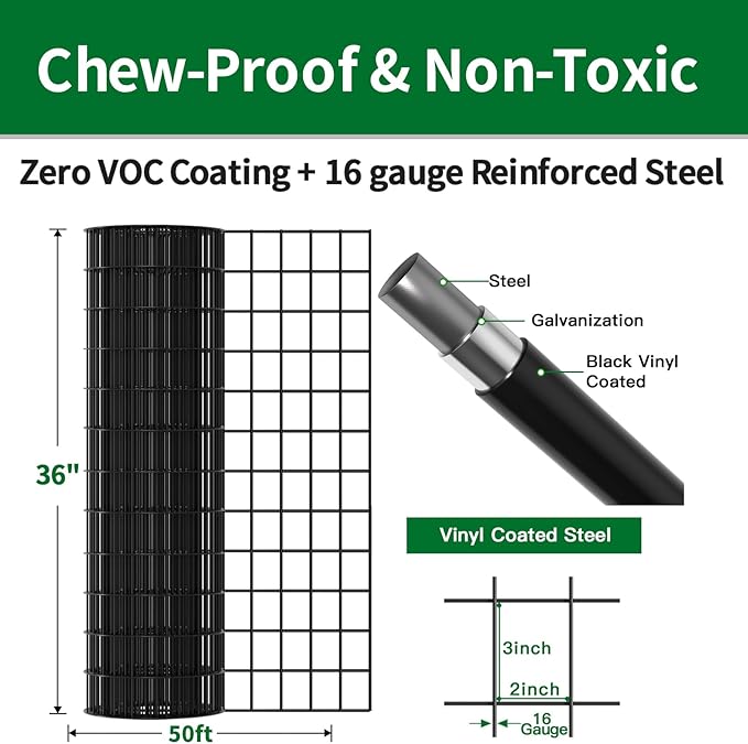 AMAGABELI GARDEN & HOME Black PVC Coated Welded Wire Fence 36inchx50ft 2inchx3inch 16Gauge Garden Border Fencing Roll Vinyl Coating Metal Wire Mesh Garden Bed Plant Supports Poultry Netting Cage
